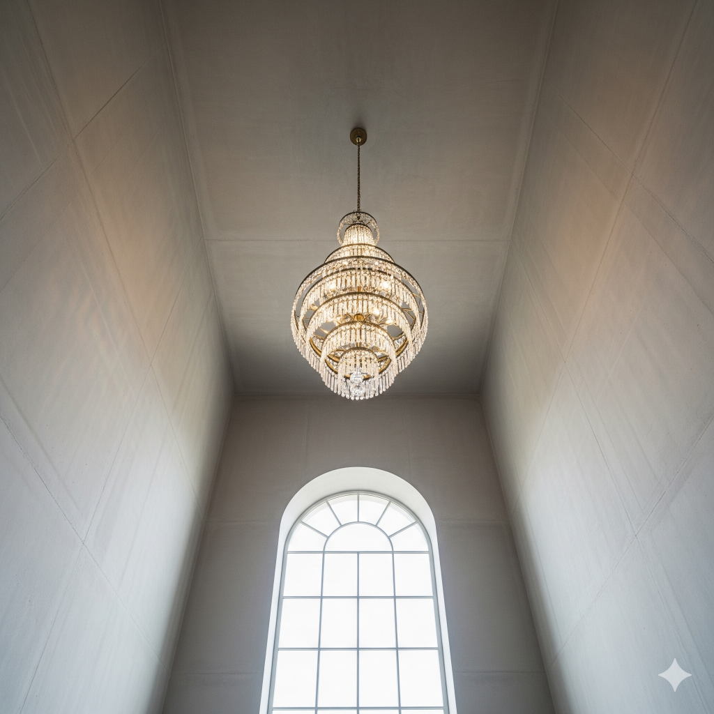 Foto dari sudut rendah yang menonjolkan langit-langit tinggi dan sebuah lampu gantung kristal elegan yang tergantung di tengah ruang minimalis.