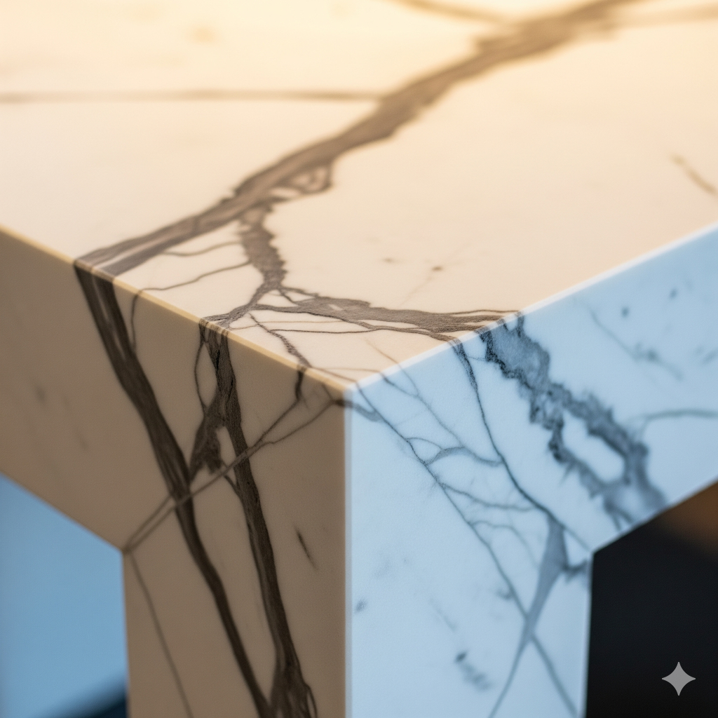 foto close-up yang sangat detail. Misalnya, sudut meja marmer di mana urat alaminya terlihat jelas, atau jahitan tangan pada sofa kulit, atau tekstur kasar dari kain linen berkualitas tinggi yang menyelimuti bantal sofa.