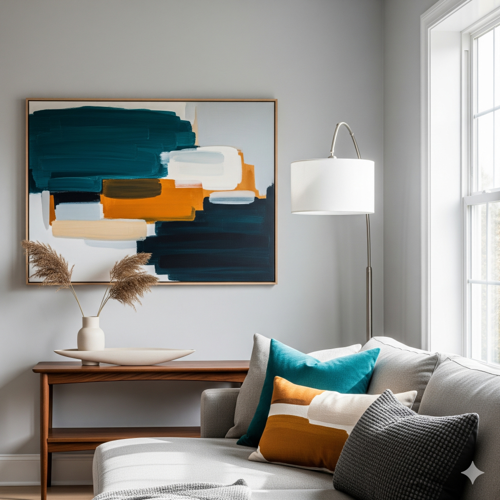 sebuah sudut ruangan yang fokus pada satu karya seni. Lukisan abstrak besar yang warnanya menjadi inspirasi untuk bantal sofa di dekatnya. 
