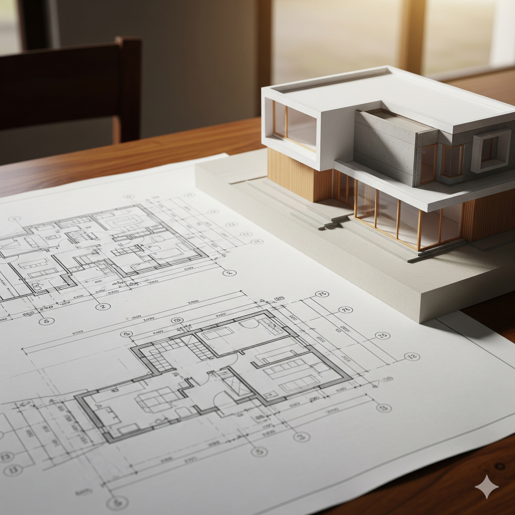 Arsitek vs. Desainer Interior: Siapa yang Kamu Butuhin Buat Rumah Impian? 2 gambar kerja arsitektur yang detail, terhampar di atas meja. Di sampingnya, ada maket 3D dari sebuah rumah modern, menunjukkan bentuk bangunan secara keseluruhan, lengkap dengan atap, jendela, dan fasadnya.