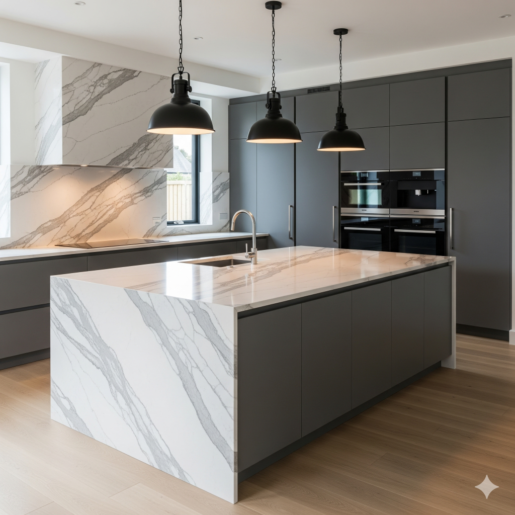 Inspirasi Interior Mewah Modern: Resep Anti-Gagal Bikin Ruang Tamu & Dapur Jadi Statement 3 sebuah dapur dengan kitchen island masif dari batu kuarsit putih dengan urat abu abu yang kuat