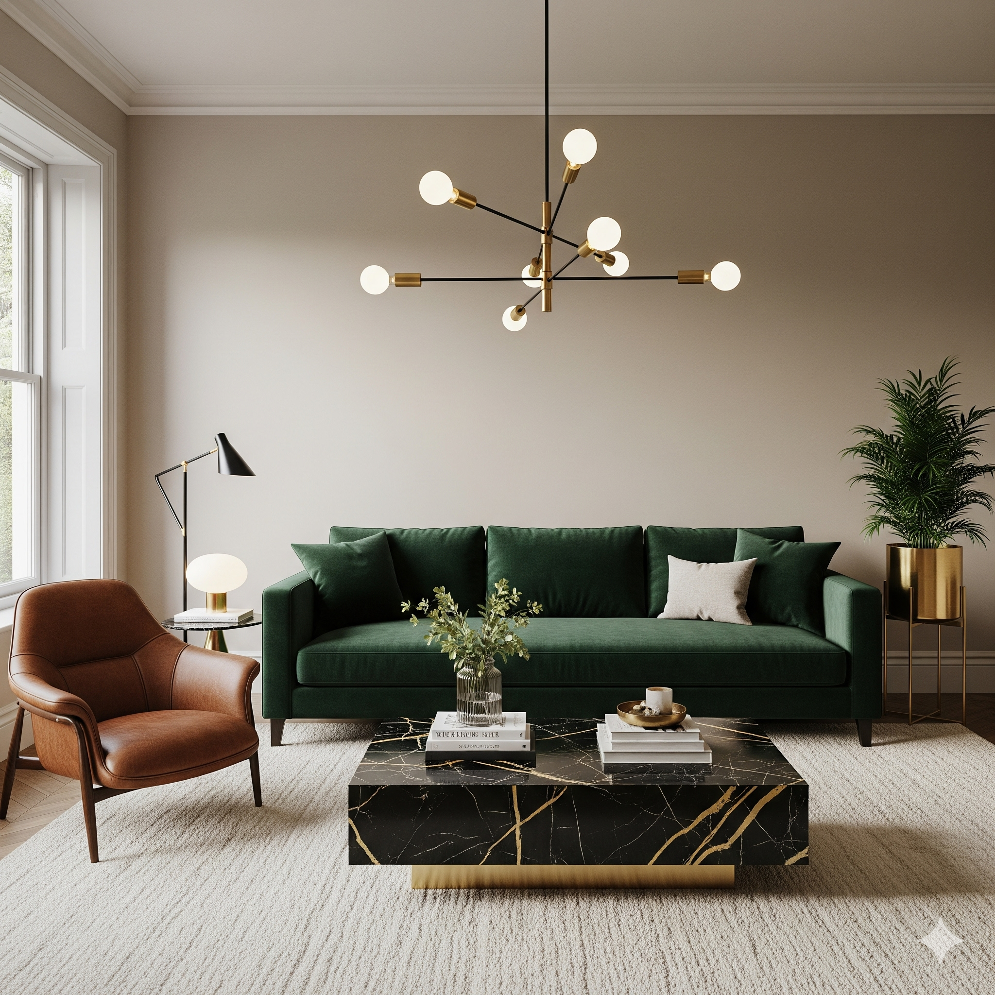 sebuah ruang tamu dengan sofa beludru warna emerald green yang dalam sebagai pusatnya