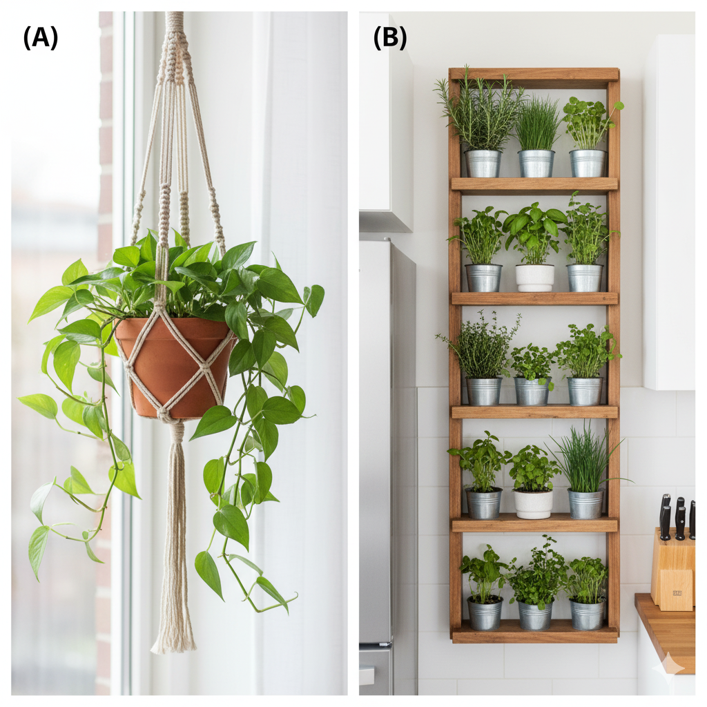 Cara Mengadopsi Biophilic Design untuk Apartemen Urban 3 close up pot gantung dan rak pot