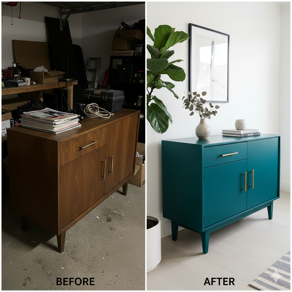 Di sebelah kiri adalah credenza mid century tua yang kusam dan di sebelah kanan adalah lemari yang sama setelah dicat ulang dengan warna teal yang bold dan handle yang diganti