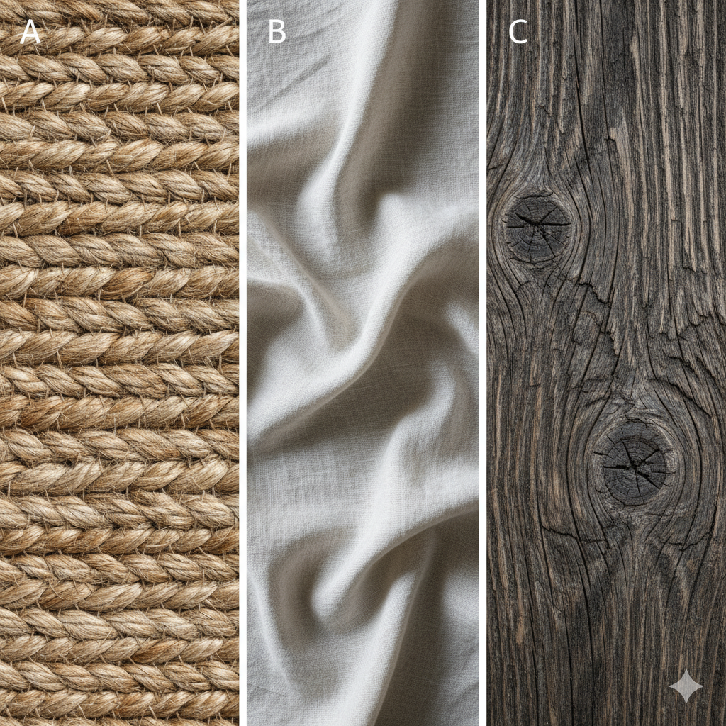 anyaman karpet goni jute tekstil linen kusut dan detail close up urat kayu rustic yang kasar