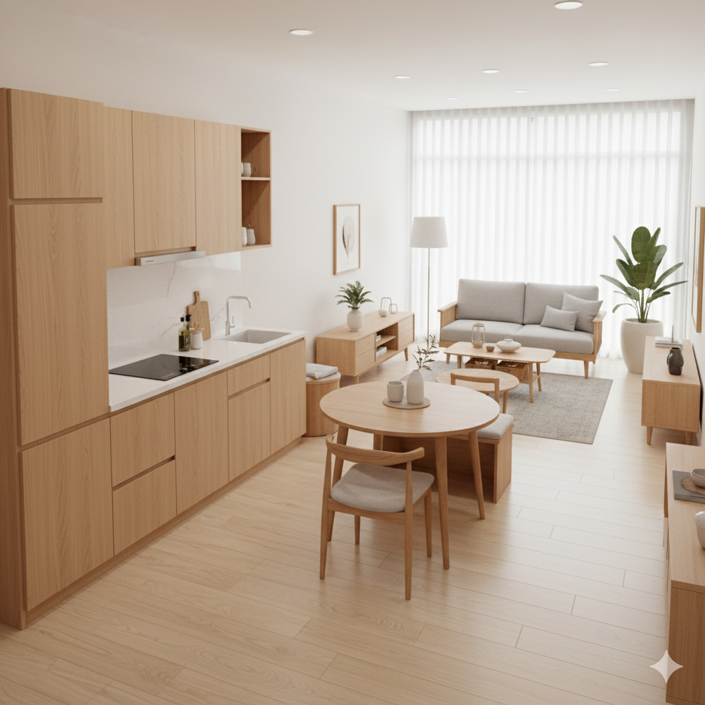 7 Destinasi Toko Interior & Furnitur Mewah di Jakarta 3 apartemen bergaya Japandi dengan kitchen set custom dan furnitur ready made yang menyatu harmonis