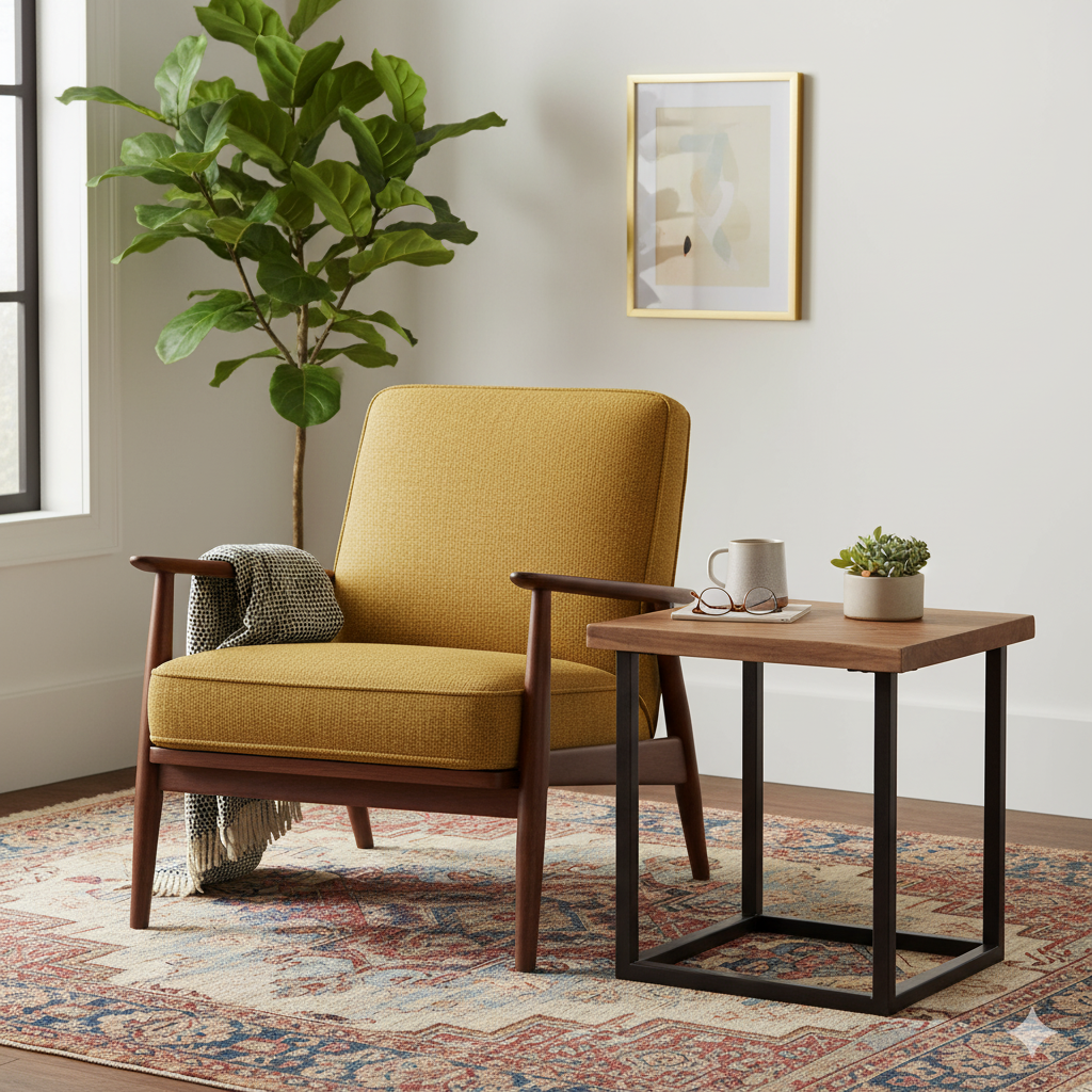 armchair mid century modern di samping meja kecil bergaya industrial 1
