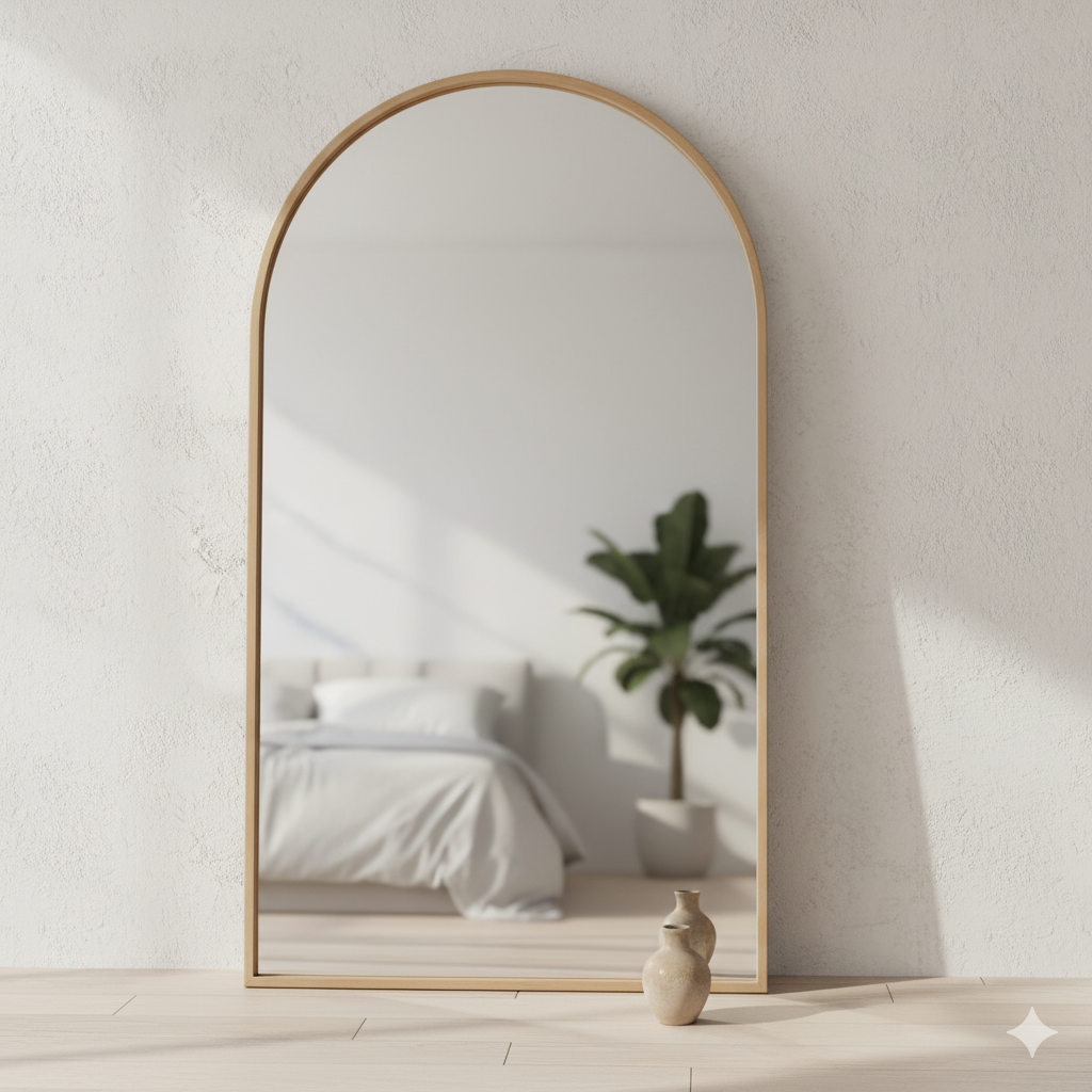 cermin lengkung arch mirror besar yang bersandar di dinding plester putih 1