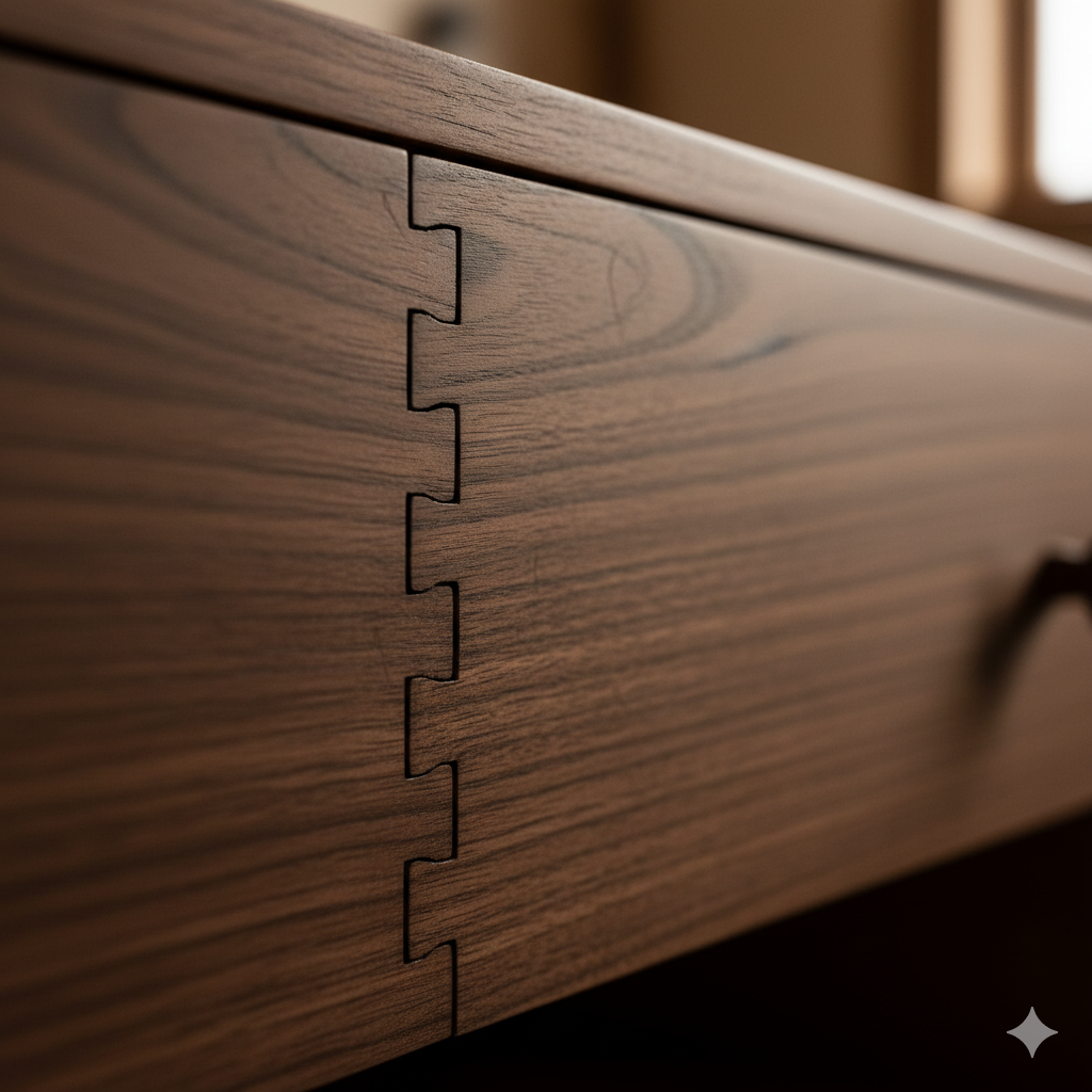 foto close up detail sambungan kayu dovetail joint pada laci kayu solid