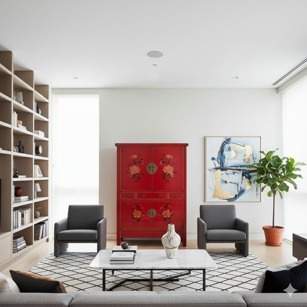 lemari antik Tiongkok berwarna merah terang yang menjadi statement piece di ruangan modern 1