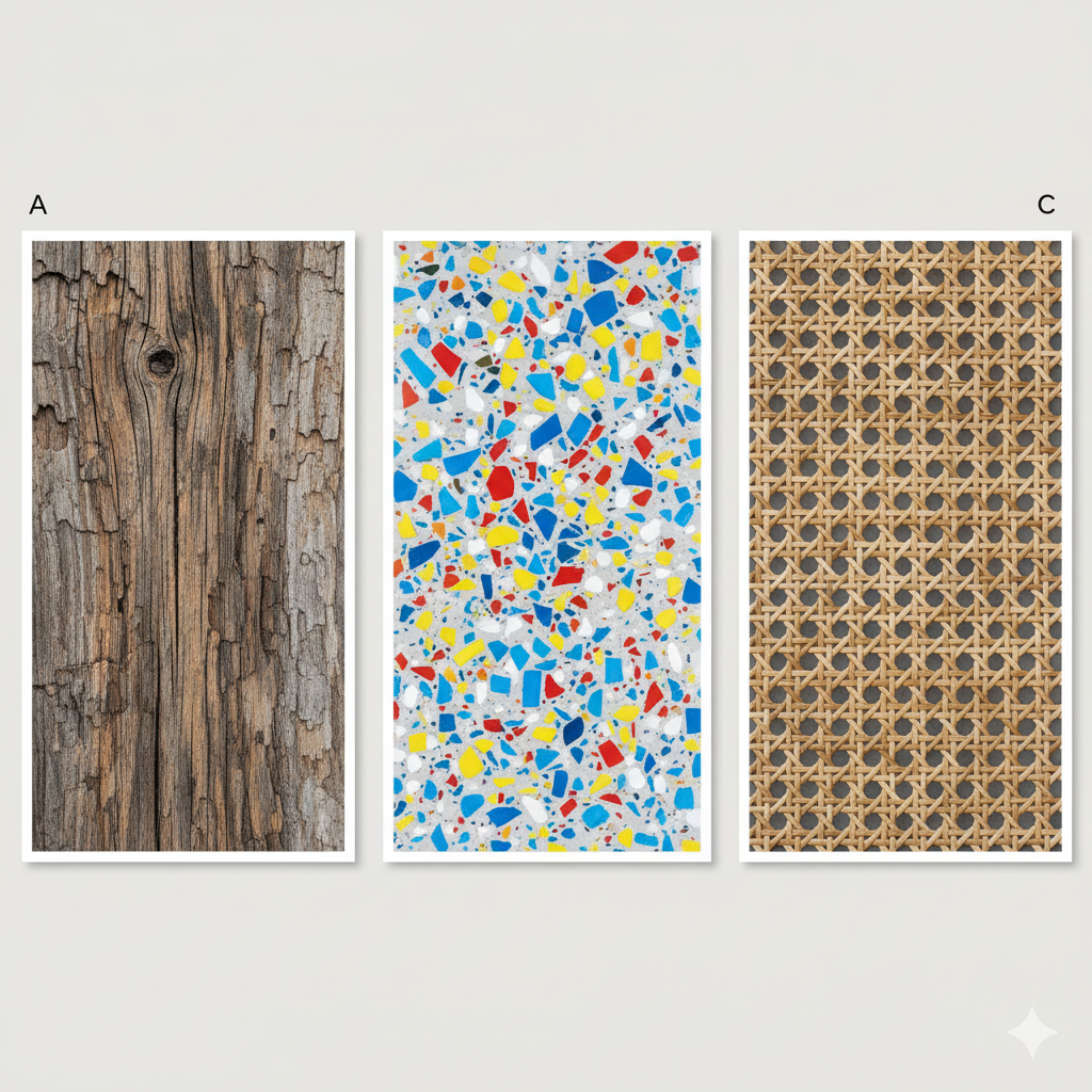 moodboard atau flatlay yang menampilkan tiga material tekstur kasar kayu reklamasi sampel material komposit dari plastik daur ulang terlihat seperti terrazzo dan potongan bambu atau an