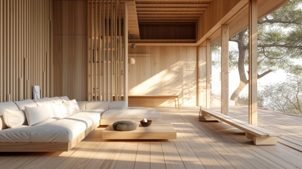 photorealistic wooden house interior with timber decor furnishings