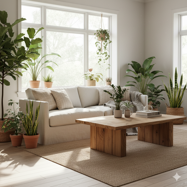 ruang tamu stylish dan terang yang menunjukkan keindahan, kemodernan, dan kehangatan dari desain yang berkelanjutan, dengan meja kopi dari kayu reklamasi, sofa linen alami, banyak tanaman