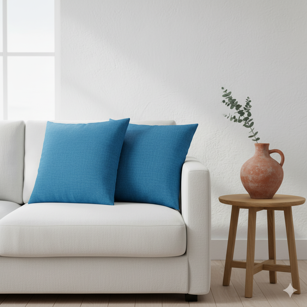sofa putih bersih sentuhan warna dari dua sarung bantal biru Santorini dan vas keramik terakota di meja samping