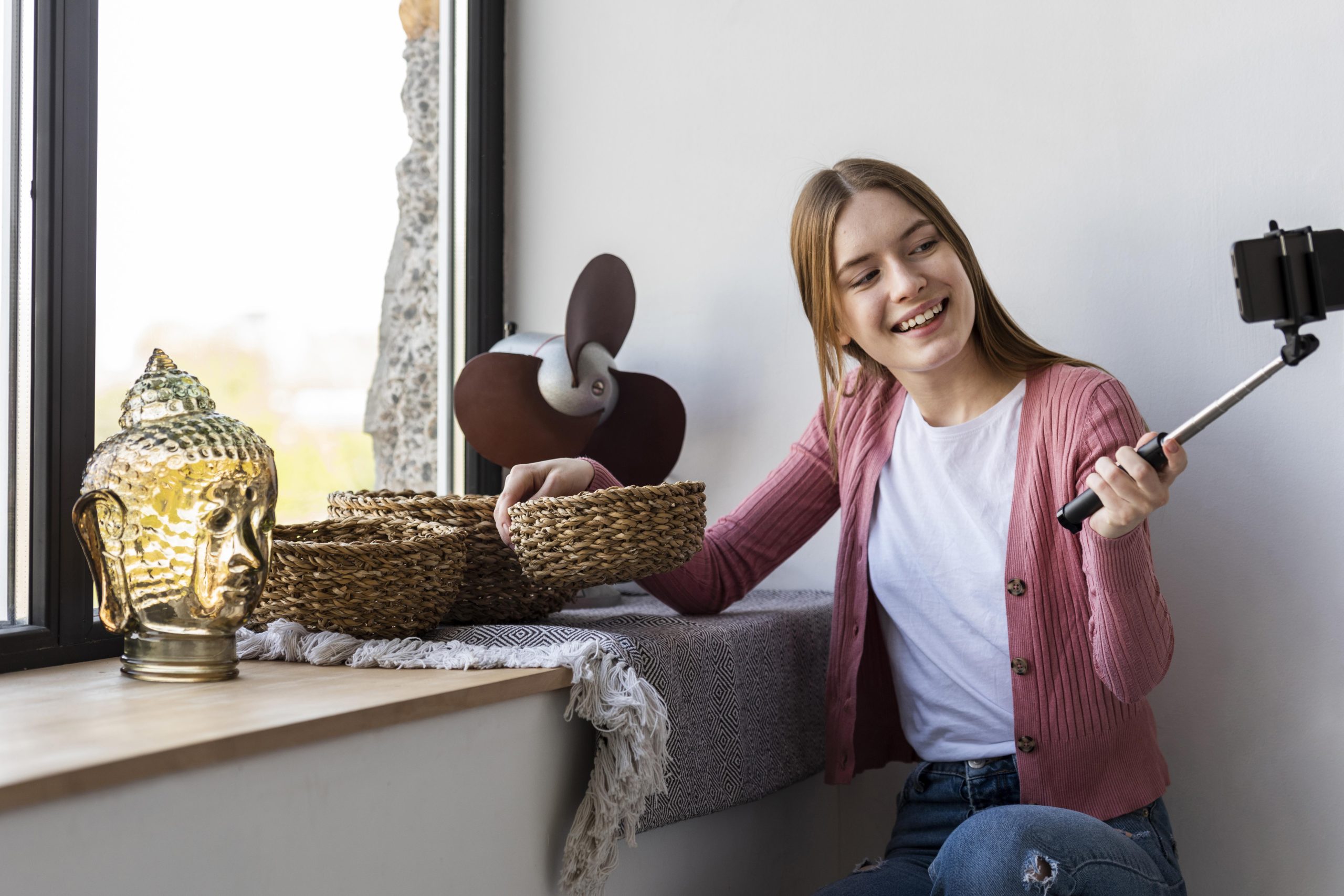 young blogger recording herself window showing home decor scaled