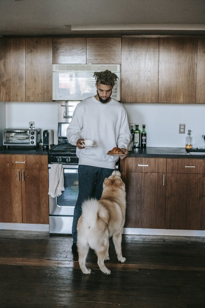 Rumah Pet Friendly yang Tetap Mewah, Desain Elegan Tanpa Kompromi 6 A man enjoys a quiet morning with coffee and a dog in his kitchen.