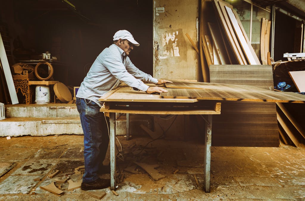 Furnitur Custom atau Ready Stock? Panduan Menentukan Pilihan Terbaik untuk Hunian 3 Carpenter focuses on woodworking project inside a busy workshop, surrounded by materials.