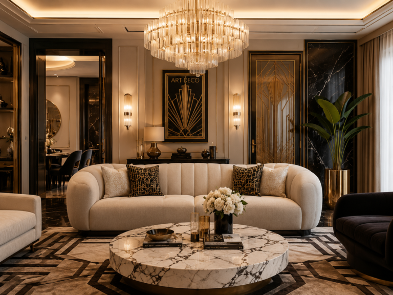 Ruang keluarga dengan style art deco