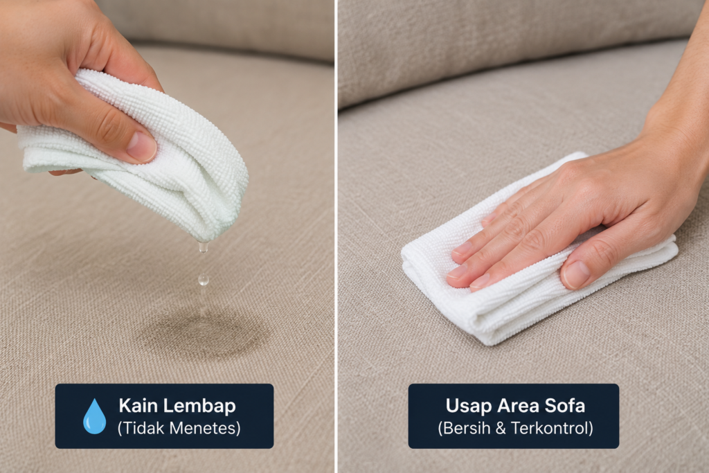 membersihkan sofa fabric dengan cairan secukupnya