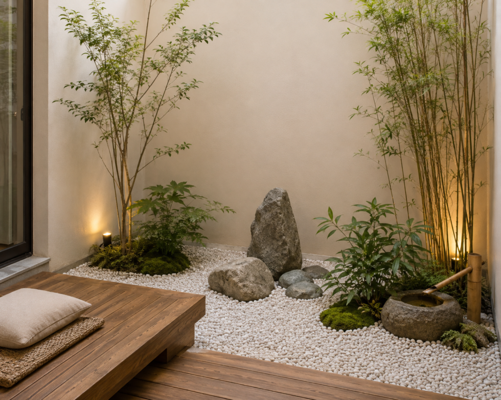 Sudut meditasi sederhana pada rumah konsep Zen