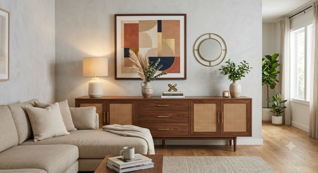 Credenza rendah sebagai storage dan dekorasi ruang keluarga