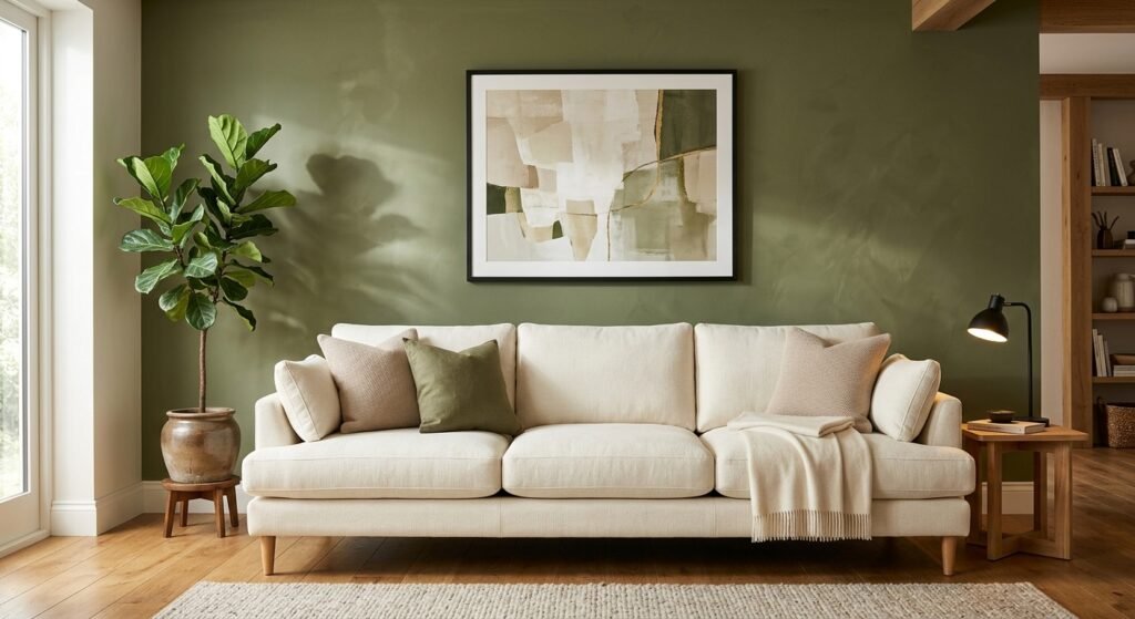 Sofa warna netral dengan dinding berwarna hijau