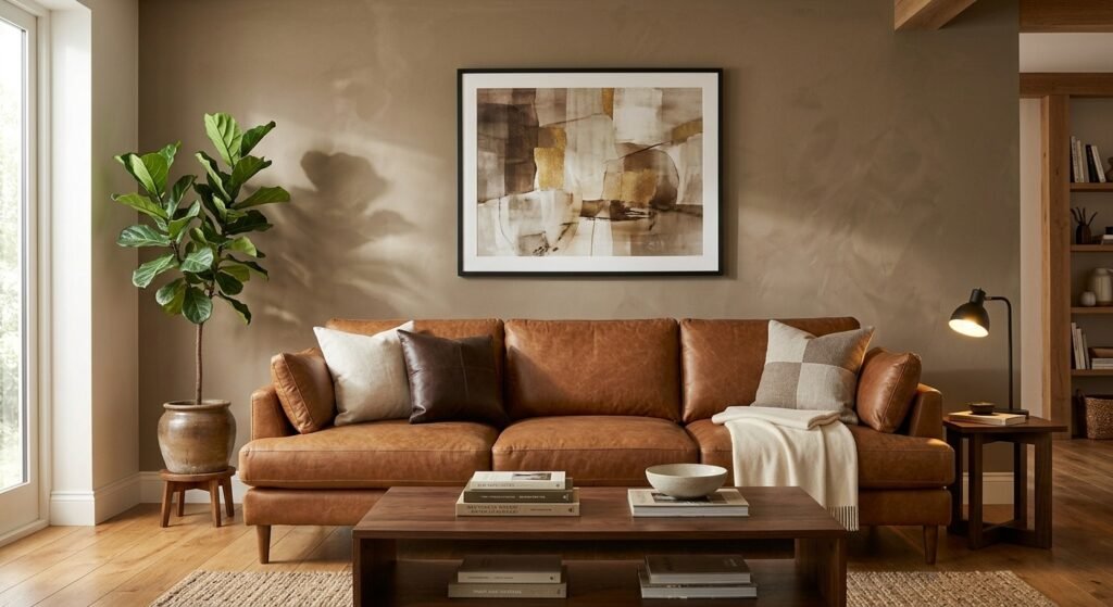 Sofa kulit dengan dinding berwarna cokelat. Tips mix and march sofa dengan dinding
