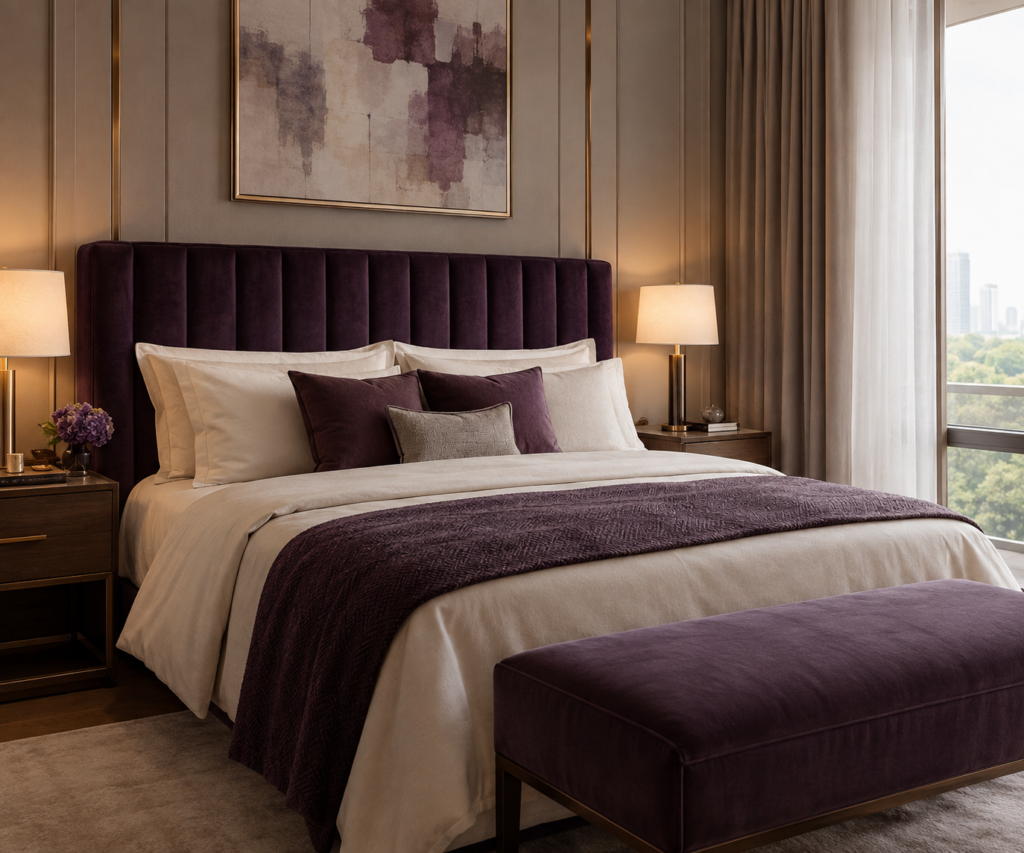 Headboard kamar tidur bernuansa aubergine dengan furniture netral