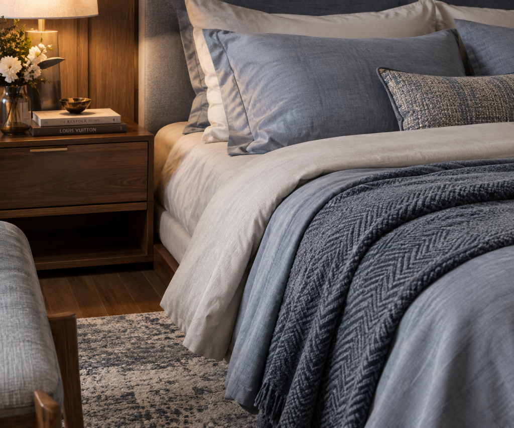 Kamar tidur bernuansa muted mushroom dengan furniture elegan