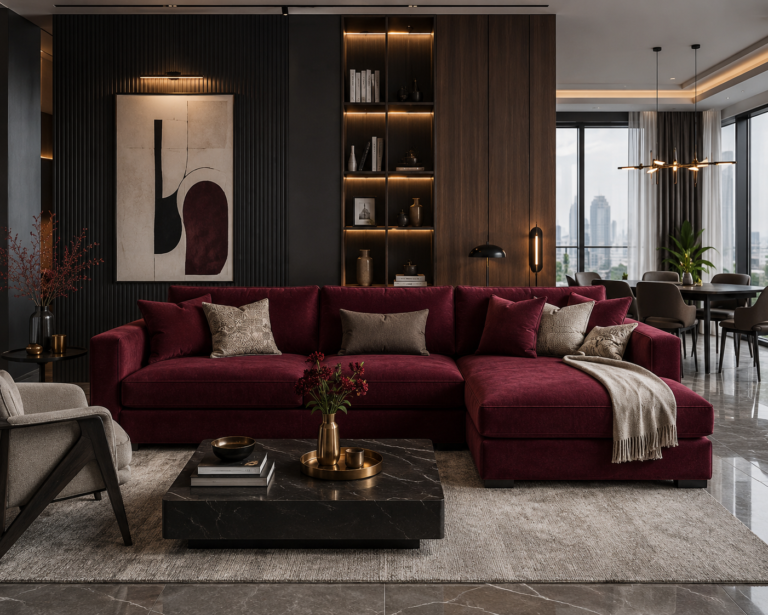 sofa warna burgundy yang mewah