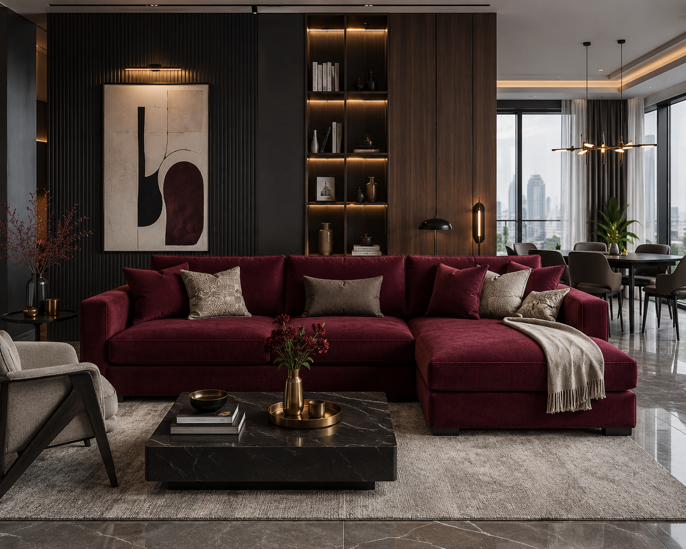 sofa warna burgundy yang mewah