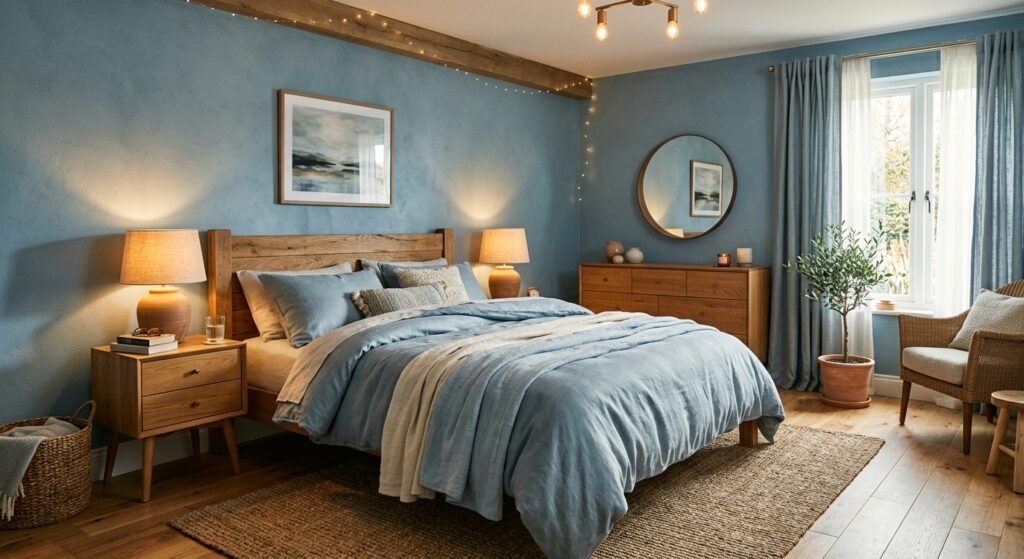 Kamar tidur dengan warna silvery blue dan furniture kayu